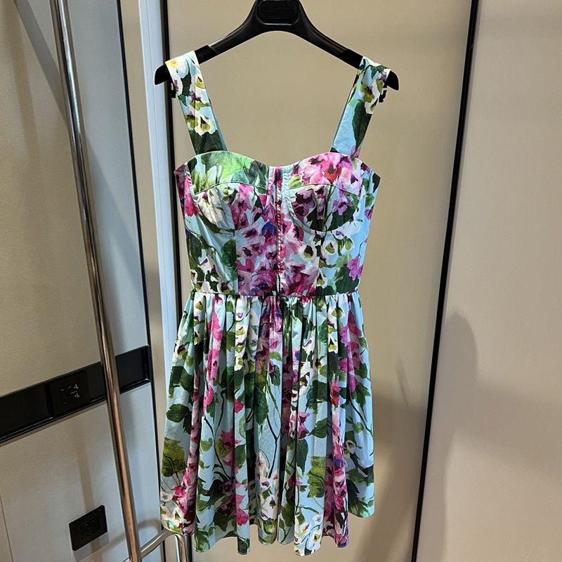 High Quality 100% Cotton Women's Dress Fashion Runway Bluebell Print Suspender Cup Poplin Holiday Dress Summer 2022 New