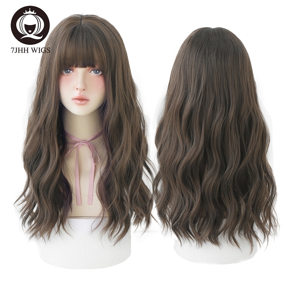 7JHH WIGS Long Wavy Curly Black Blonde Hair Highlights Synthetic Blend Wigs With Fluffy Bangs For Women's Daily Wear Four Season