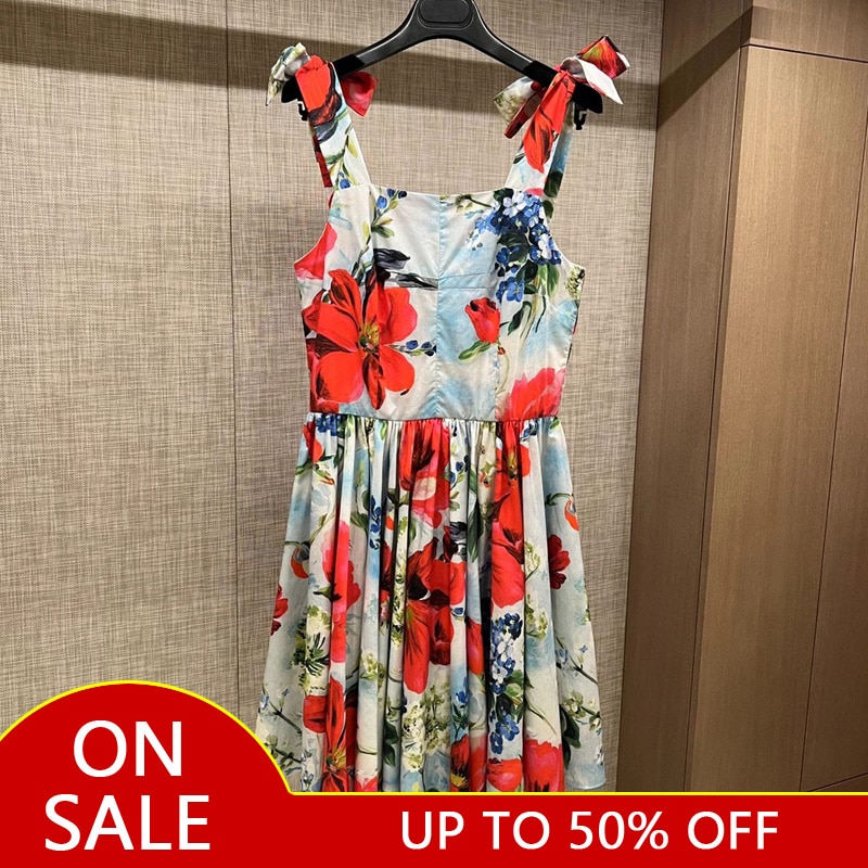 High Quality 100% Cotton Women's Dress Poplin Print Red Floral Casual Resort Party Backless Slip Dress  Fashion Runway Summer