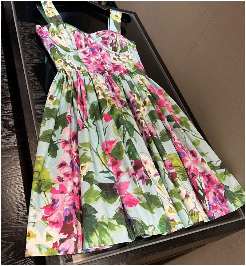 High Quality 100% Cotton Women's Dress Fashion Runway Bluebell Print Suspender Cup Poplin Holiday Dress Summer 2022 New