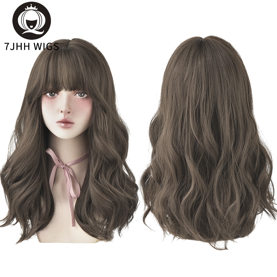 7JHH WIGS Long Wavy Curly Black Blonde Hair Highlights Synthetic Blend Wigs With Fluffy Bangs For Women's Daily Wear Four Season