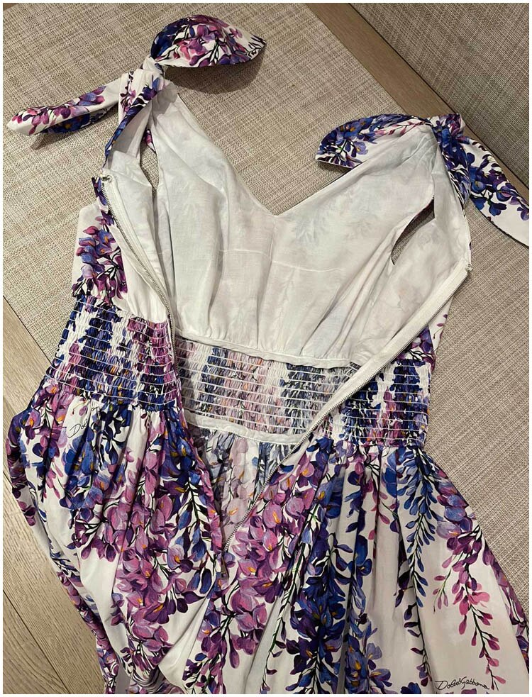 High Quality 100% Cotton Women's Dress Fashion Runway Wisteria Flower Print V Neck Elastic Waist Holiday Dress Summer 2022 New