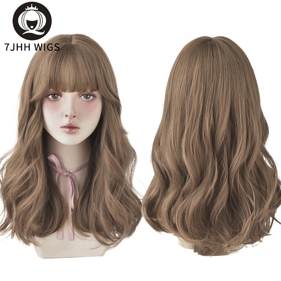 7JHH WIGS Long Wavy Curly Black Blonde Hair Highlights Synthetic Blend Wigs With Fluffy Bangs For Women's Daily Wear Four Season
