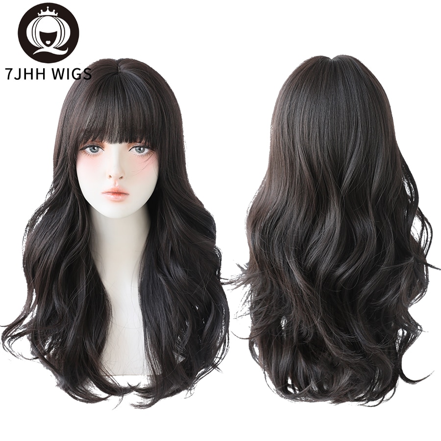 7JHH WIGS Long Wavy Curly Black Blonde Hair Highlights Synthetic Blend Wigs With Fluffy Bangs For Women's Daily Wear Four Season