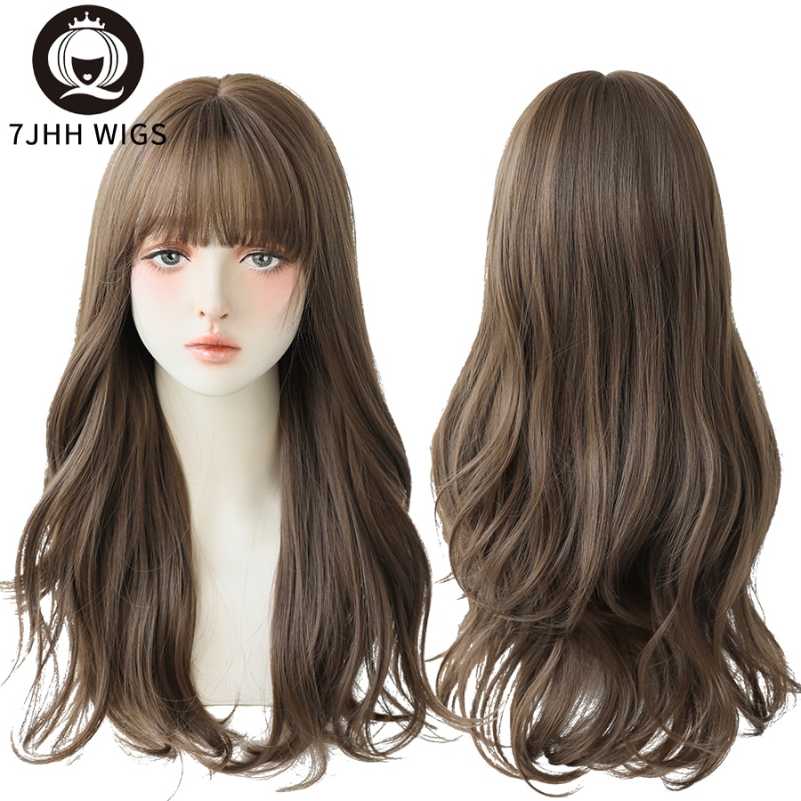 7JHH WIGS Long Wavy Curly Black Blonde Hair Highlights Synthetic Blend Wigs With Fluffy Bangs For Women's Daily Wear Four Season