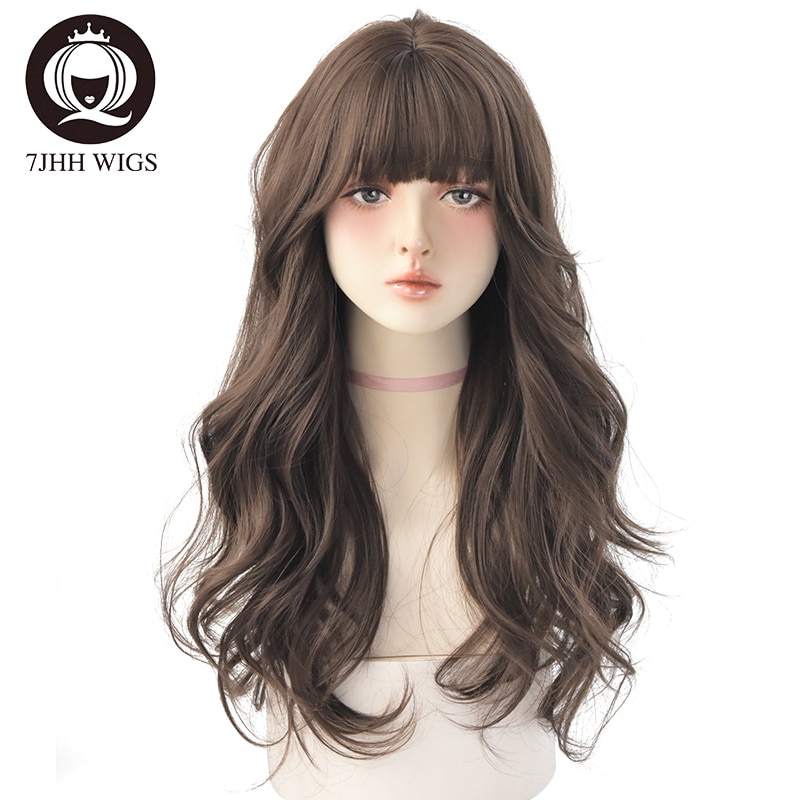 7JHH WIGS Long Wavy Curly Black Blonde Hair Highlights Synthetic Blend Wigs With Fluffy Bangs For Women's Daily Wear Four Season