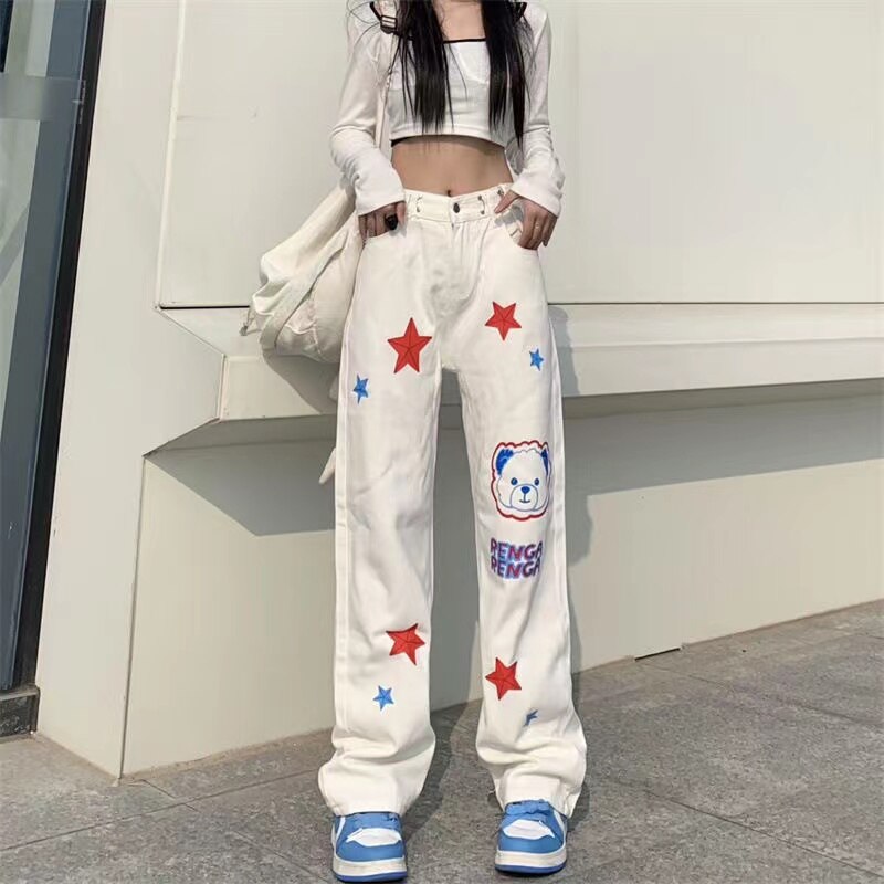 Denim Trousers American Kawaii Anime Print Y2k Streetwear High Waist Wide Leg Baggy Graphic Pants