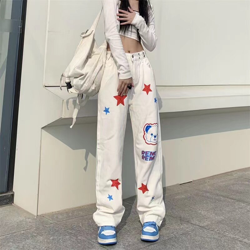 Denim Trousers American Kawaii Anime Print Y2k Streetwear High Waist Wide Leg Baggy Graphic Pants