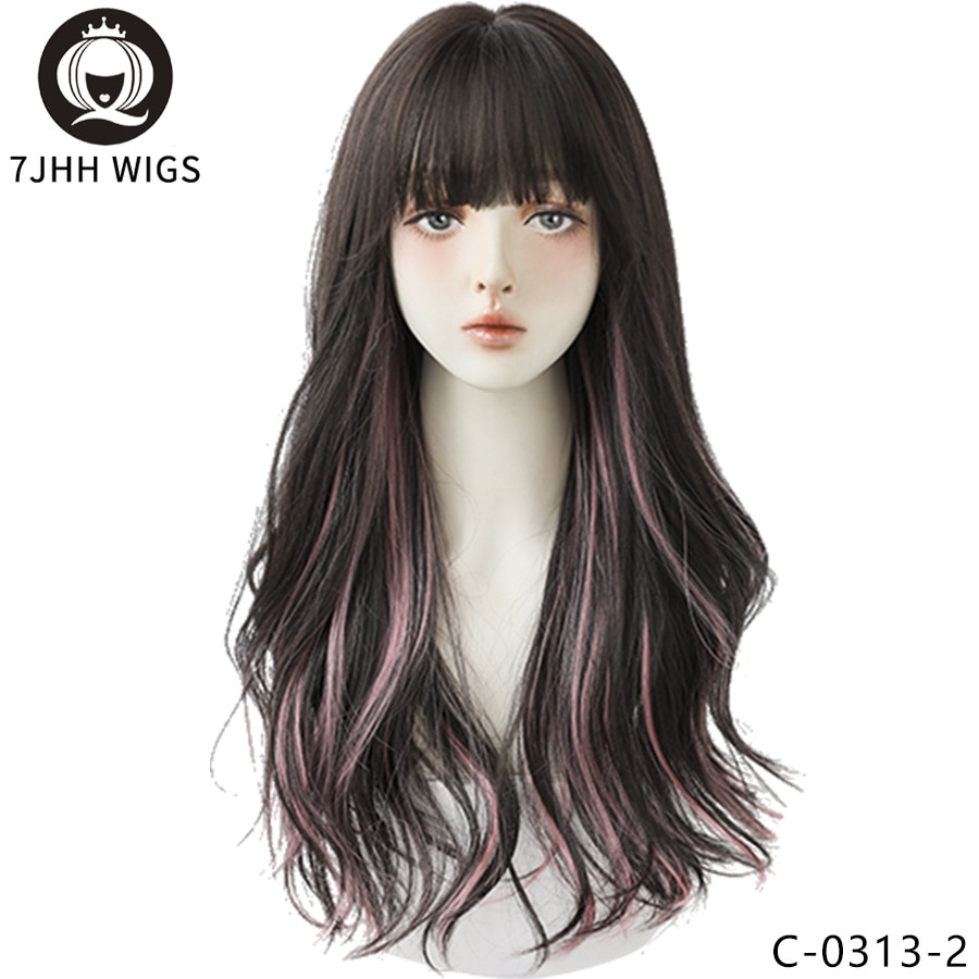 7JHH WIGS Long Wavy Curly Black Blonde Hair Highlights Synthetic Blend Wigs With Fluffy Bangs For Women's Daily Wear Four Season