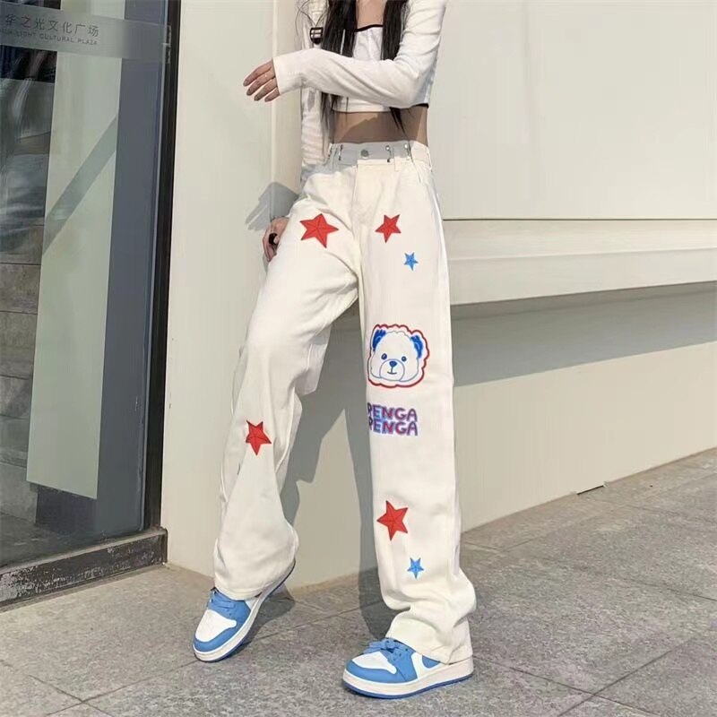 Denim Trousers American Kawaii Anime Print Y2k Streetwear High Waist Wide Leg Baggy Graphic Pants