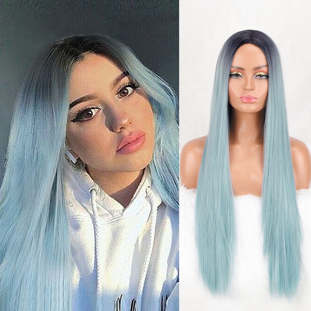 Long Straight Synthetic Wig Light Blue Ombre Wigs for Women Mixed Black and Blonde Wig Middle Part Nature Hair