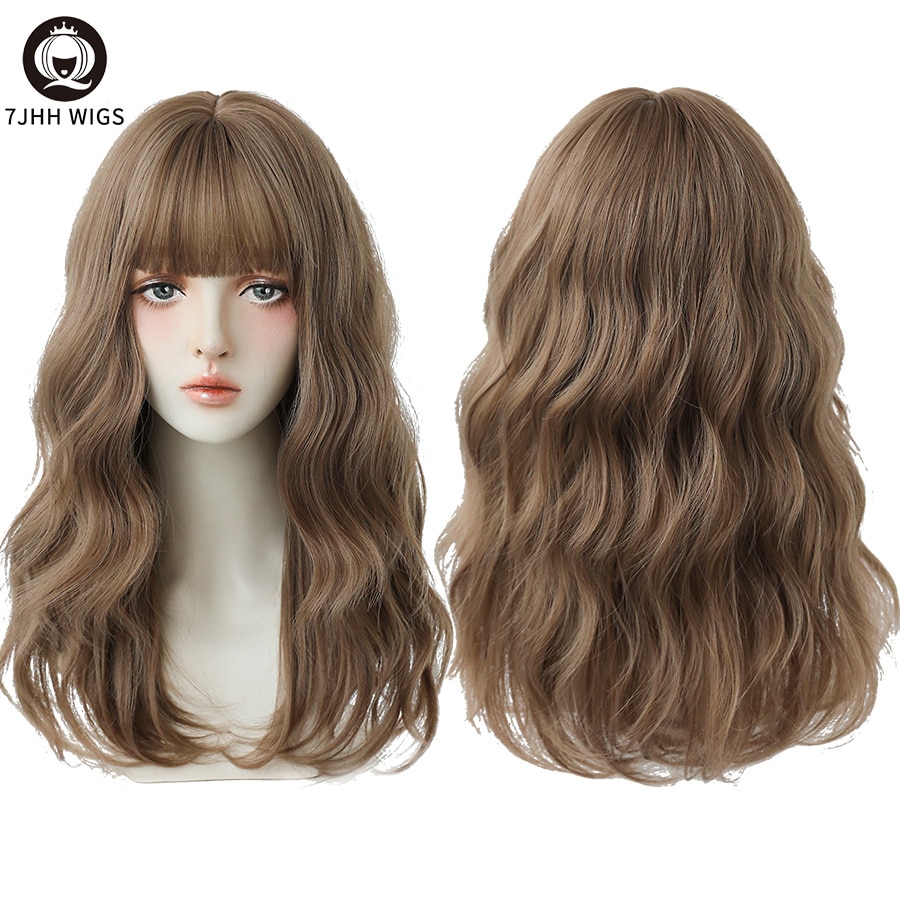7JHH WIGS Long Wavy Curly Black Blonde Hair Highlights Synthetic Blend Wigs With Fluffy Bangs For Women's Daily Wear Four Season