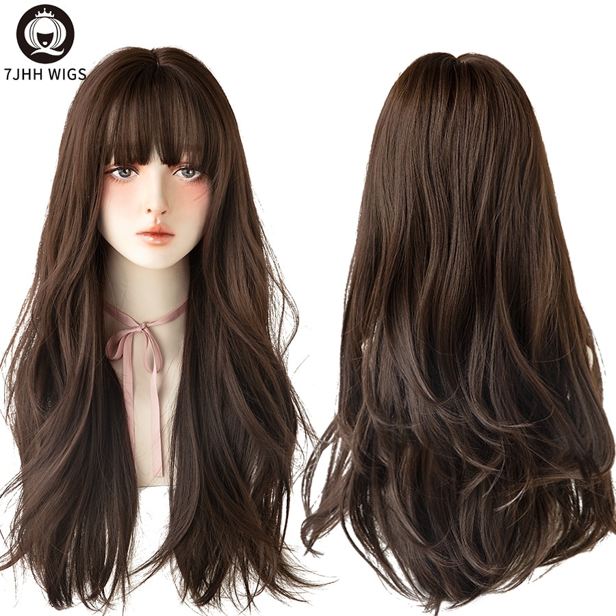 7JHH WIGS Long Wavy Curly Black Blonde Hair Highlights Synthetic Blend Wigs With Fluffy Bangs For Women's Daily Wear Four Season