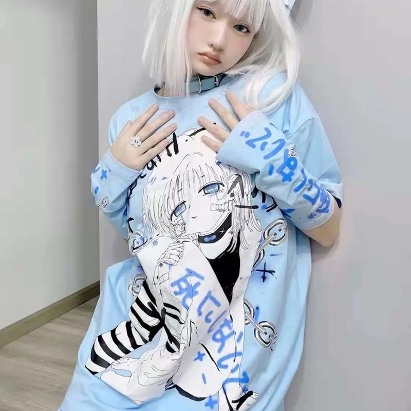 Summer Top Printing Send Sleeves Harajuku Punk Chain Y2k Two-Dimensional Anime Clothes Tshirt Short-Sleeved T-Shirt Women Tops