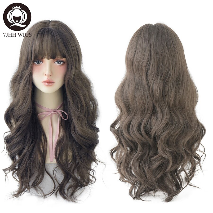 7JHH WIGS Long Wavy Curly Black Blonde Hair Highlights Synthetic Blend Wigs With Fluffy Bangs For Women's Daily Wear Four Season