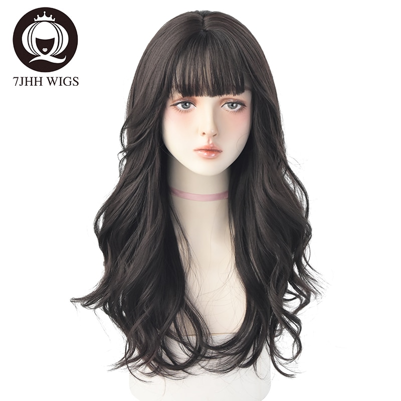 7JHH WIGS Long Wavy Curly Black Blonde Hair Highlights Synthetic Blend Wigs With Fluffy Bangs For Women's Daily Wear Four Season