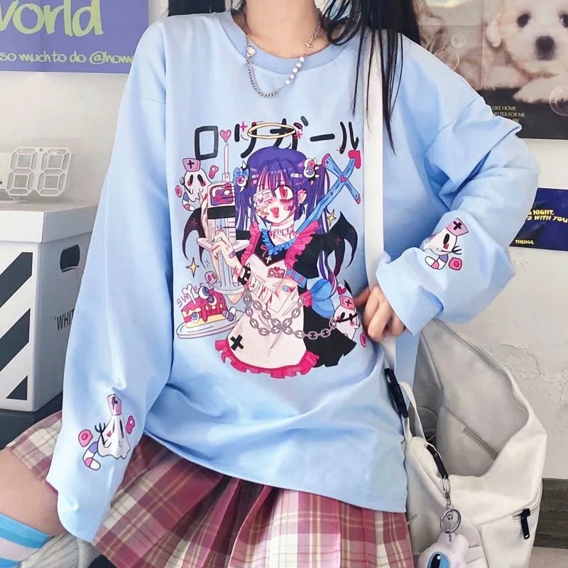 Woman Top Shirts Long Sleeve Anime Sweatshirt Woman Kawaii Clothes Spring Autumn Hip Hop Japanese Harajuku ANIME E Girl Clothes