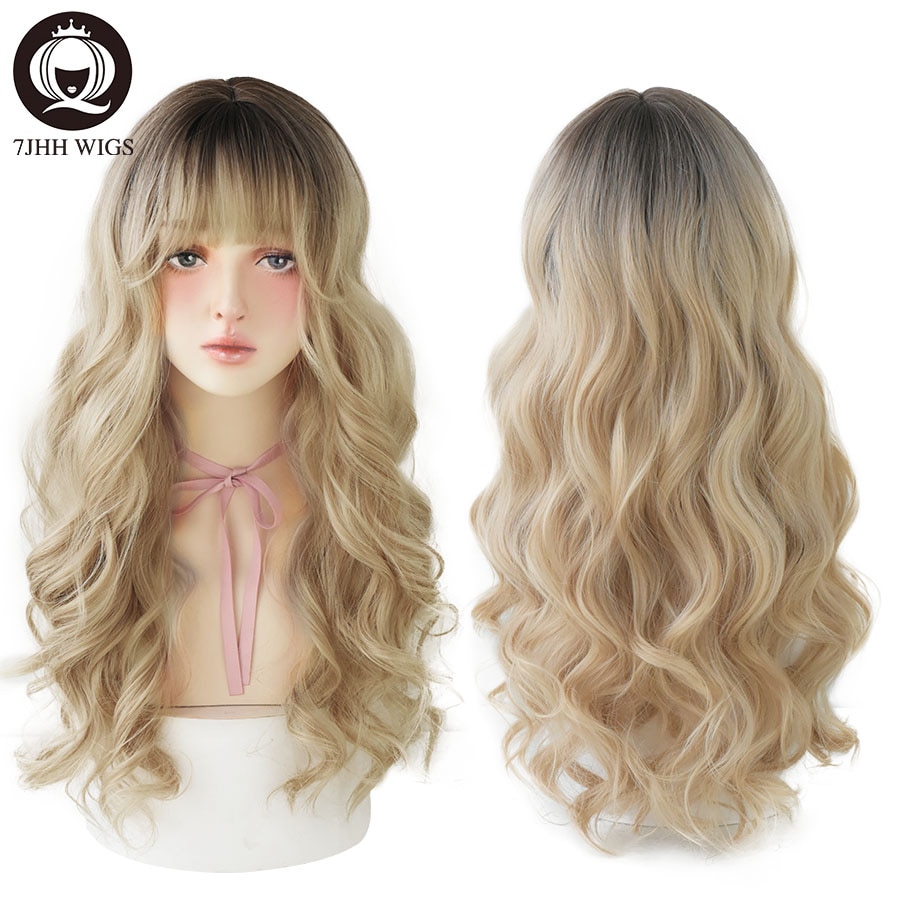7JHH WIGS Long Wavy Curly Black Blonde Hair Highlights Synthetic Blend Wigs With Fluffy Bangs For Women's Daily Wear Four Season