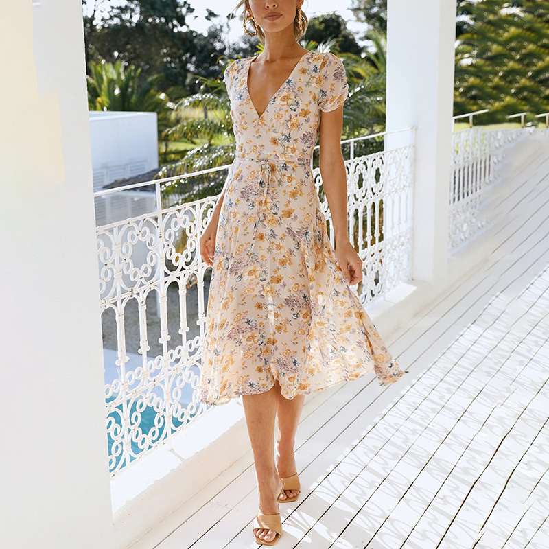 Casual Floral Printed Midi Dresses Women Chic V Neck Short Sleeve Dresses Female Fashion A Line Party Dress Mujer