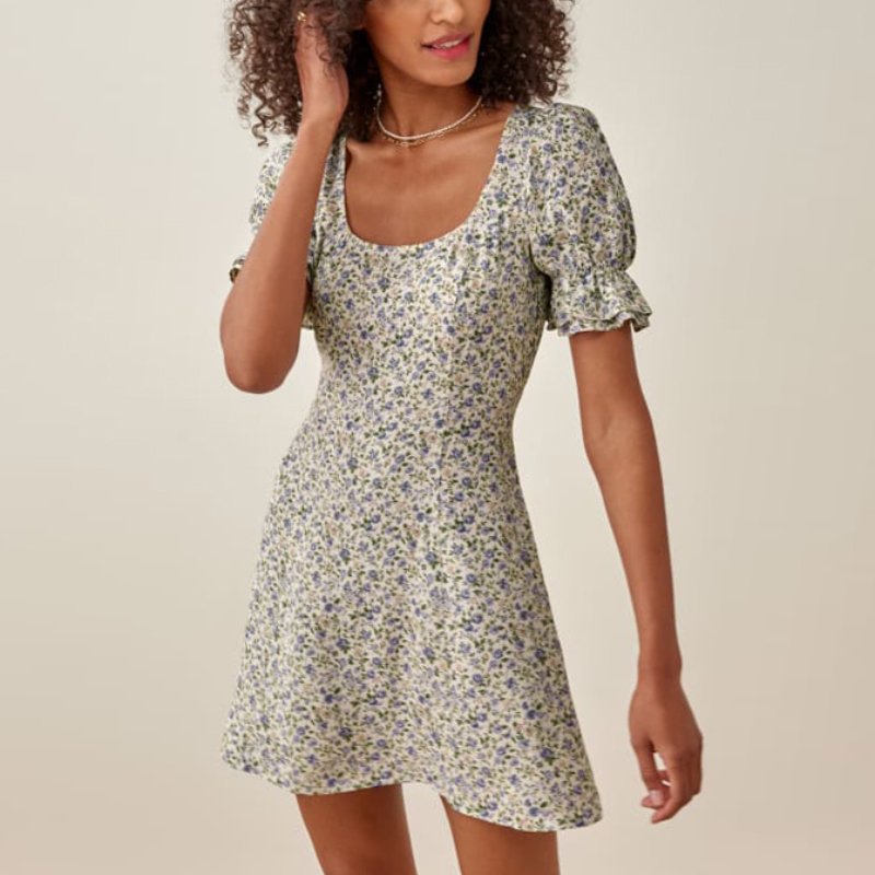 Chic A Line Summer Mini Dress Women Floral Print Ruffle Short Sleeve Beach Dresses Female O Neck Boho Sundress With Belt