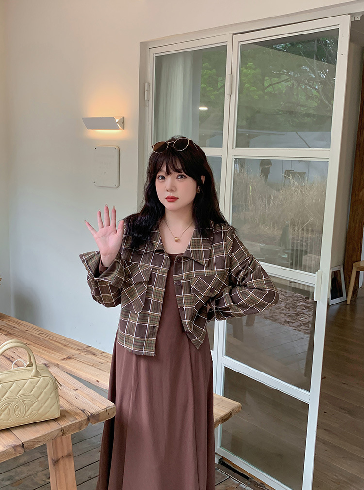 双天2023秋季新款大码女装圆领连衣裙+翻领格子外套套装L086/L087== - leoleo123123