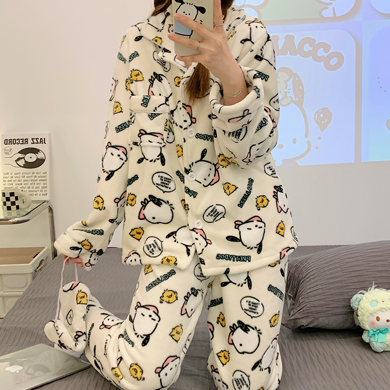 KDJ新款法兰绒睡衣女珊瑚绒加厚可爱卡通开衫家居服套装戴眼罩 - leoleo123123