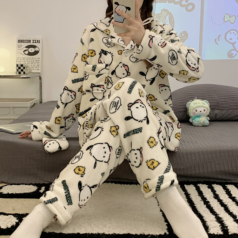 KDJ新款法兰绒睡衣女珊瑚绒加厚可爱卡通开衫家居服套装戴眼罩（单sku） - leoleo123123