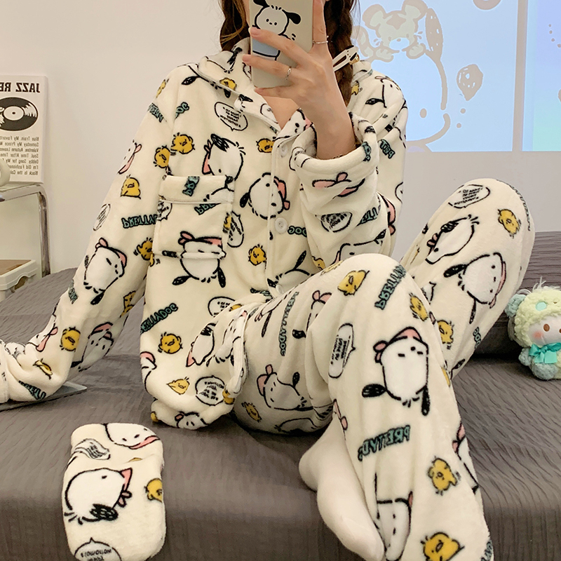 KDJ新款法兰绒睡衣女珊瑚绒加厚可爱卡通开衫家居服套装戴眼罩 - leoleo123123