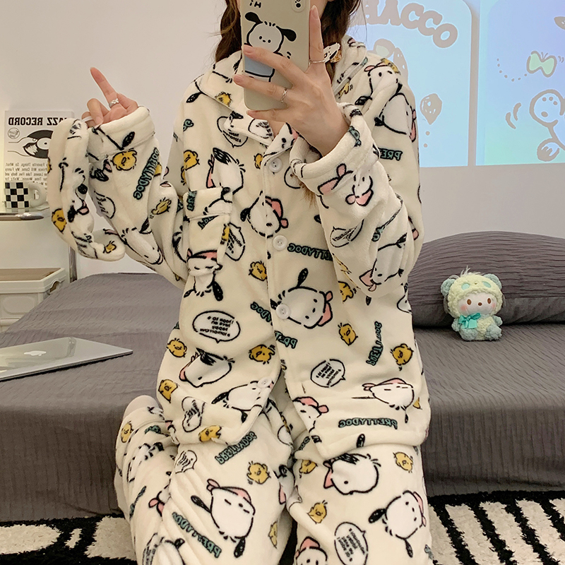 KDJ新款法兰绒睡衣女珊瑚绒加厚可爱卡通开衫家居服套装戴眼罩 - leoleo123123