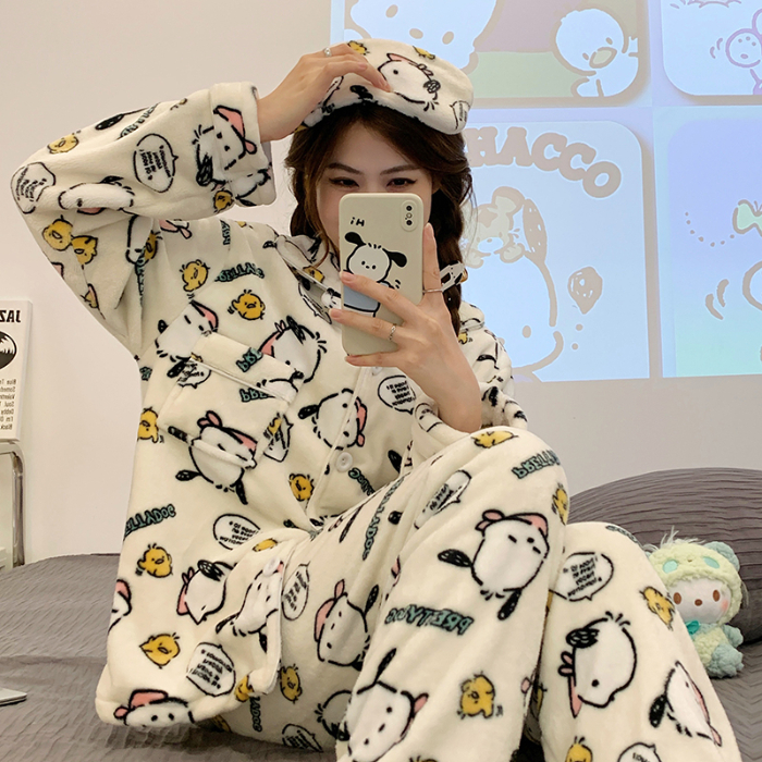 KDJ新款法兰绒睡衣女珊瑚绒加厚可爱卡通开衫家居服套装戴眼罩 - leoleo123123