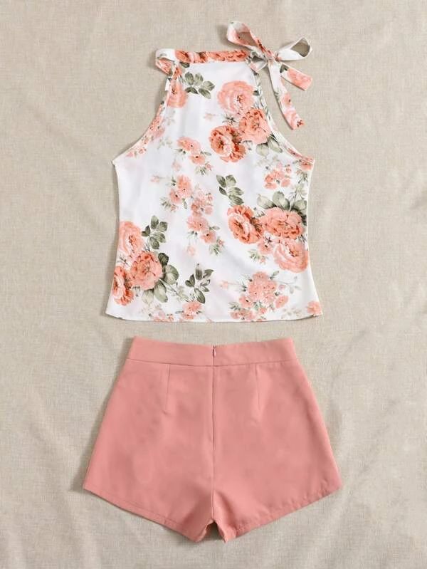 Floral Tie Neck Top & Button Shorts - leoleo123123