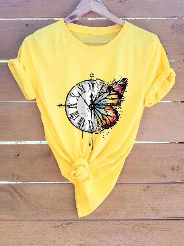 Clock And Butterfly Print Tee - leoleo123123