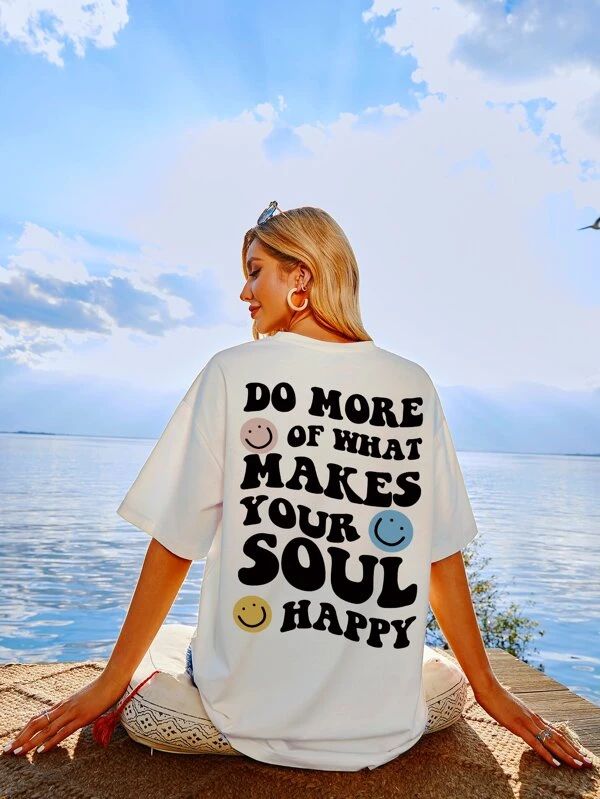 Slogan & Cartoon Face Print Drop Shoulder Tee - leoleo123123