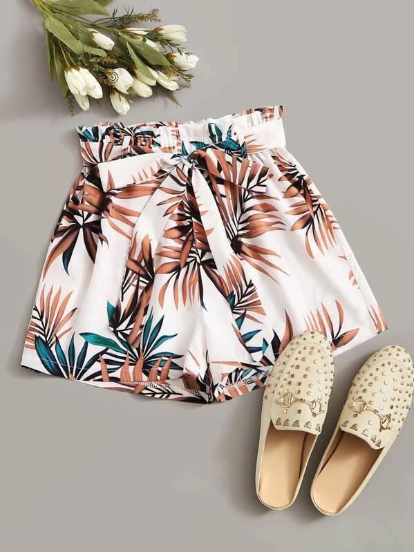 Tropical Leaf Print Paperbag Shorts - leoleo123123