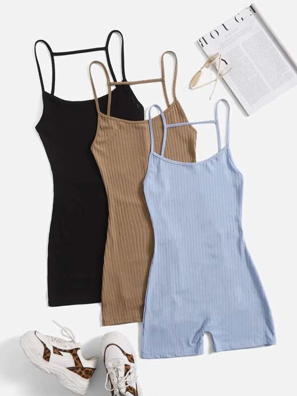 3pcs Solid Backless Cami Romper - leoleo123123