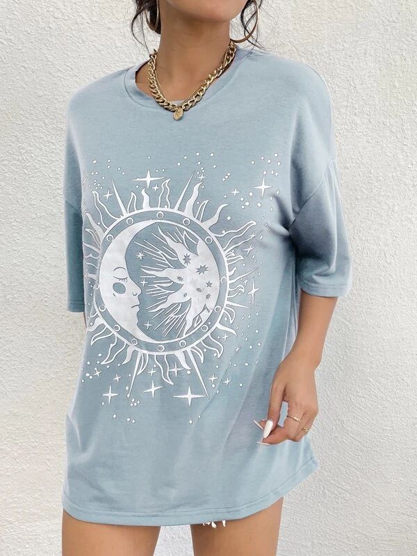 Sun & Moon Print Drop Shoulder Tee - leoleo123123