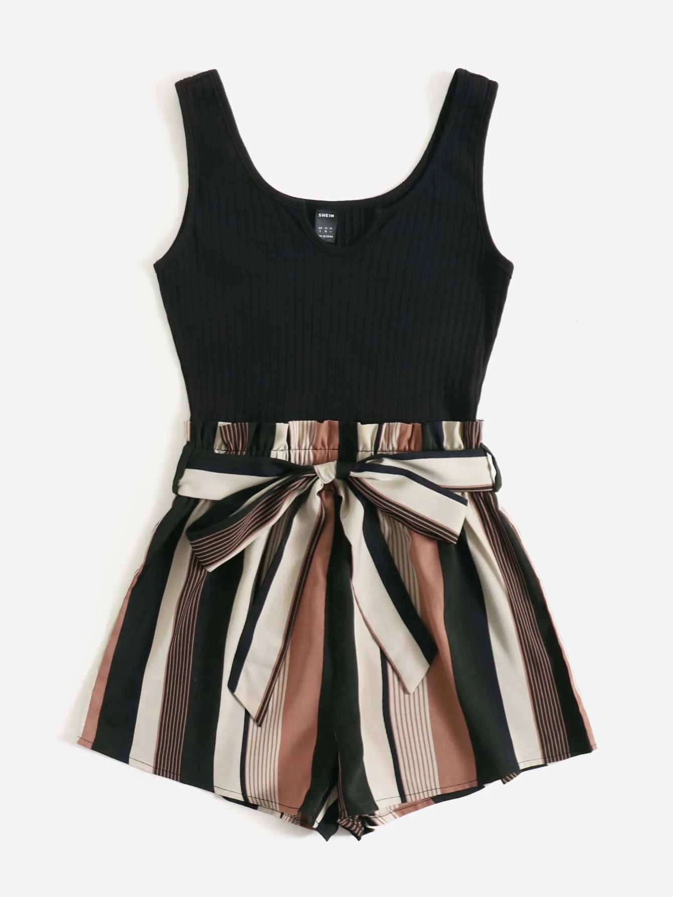 Notched Neck Block Stripe Belted Tank Romper - leoleo123123