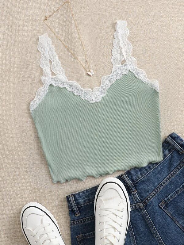 Contrast Lace Lettuce Trim Rib-knit Crop Cami Top - leoleo123123