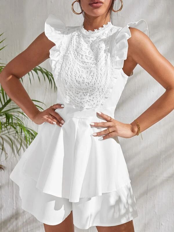 Guipure Lace Panel Ruffle Trim Two Layer Hem Romper - leoleo123123