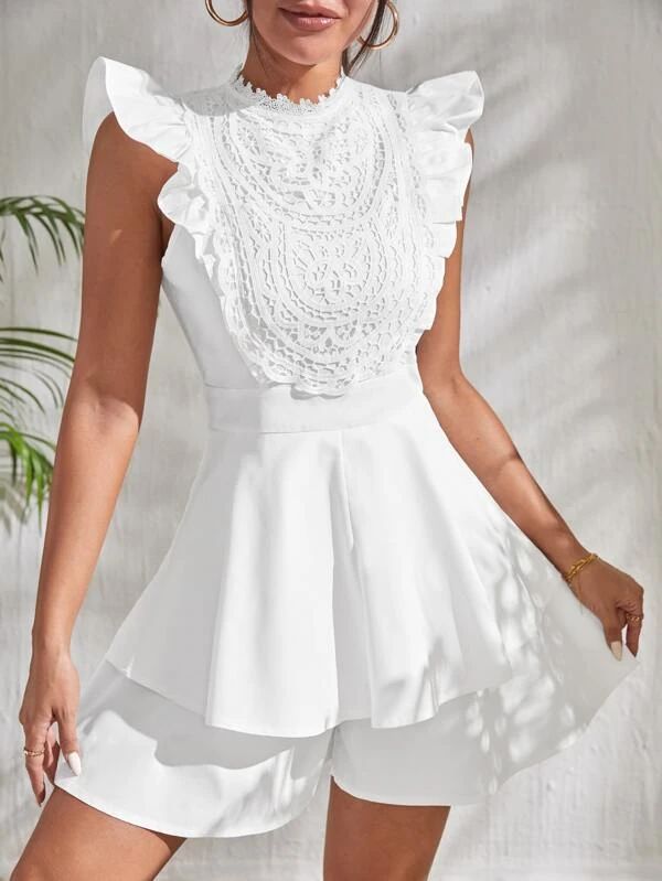 Guipure Lace Panel Ruffle Trim Two Layer Hem Romper - leoleo123123
