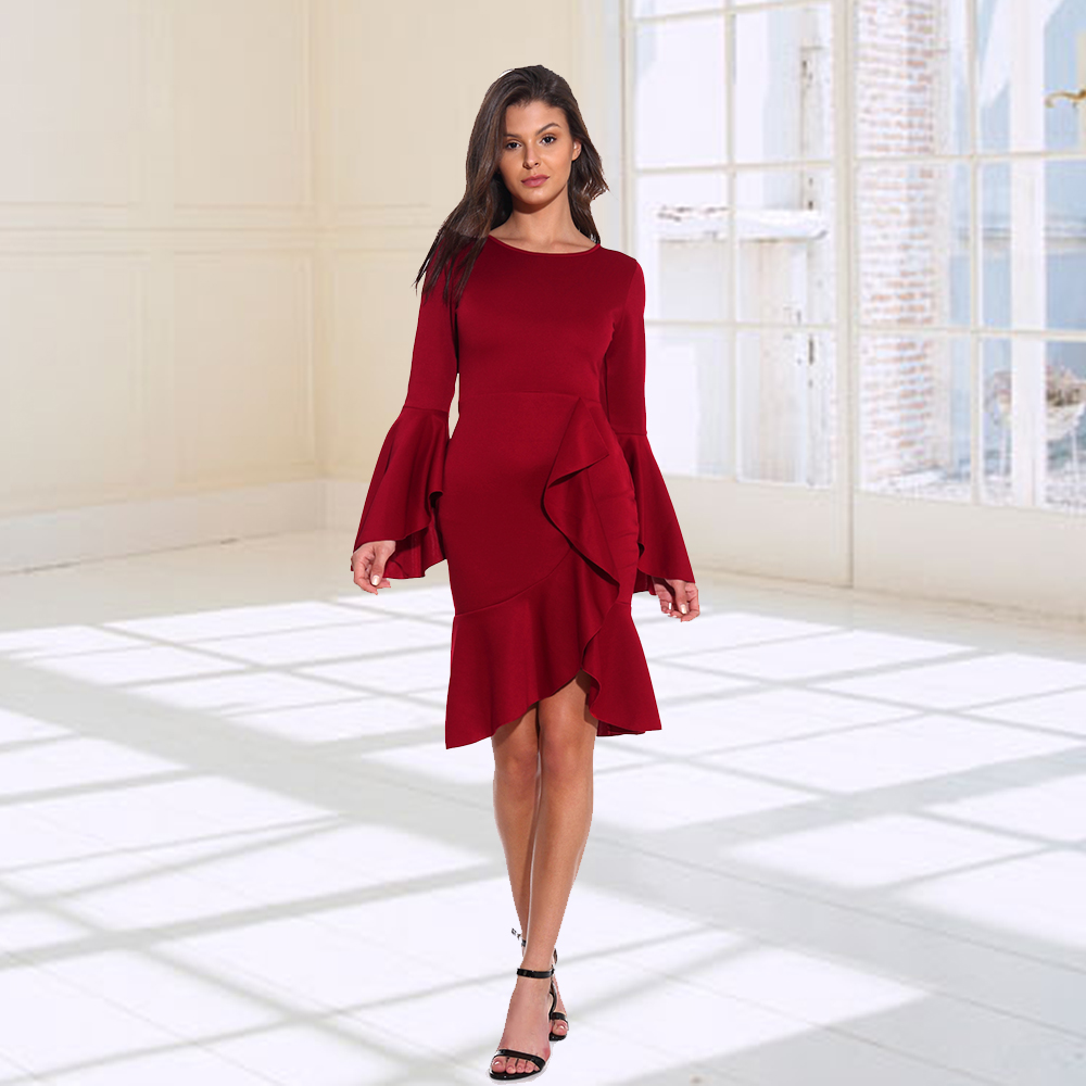 Large size women's new elegant, flared sleeve dress small dress - leoleo123123