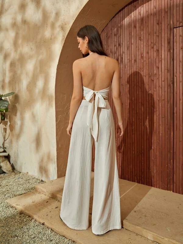 Tie Back Backless Halter Top & Wide Leg Pants - leoleo123123