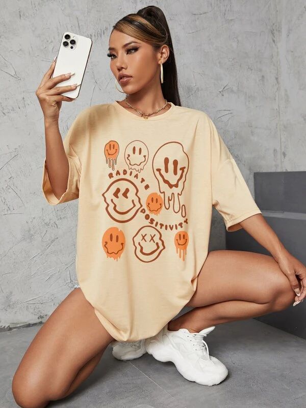 Letter & Expression Print Drop Shoulder Tee - leoleo123123