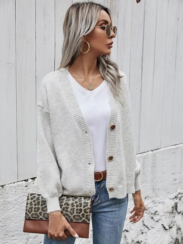 Drop Shoulder Lantern Sleeve Cardigan - leoleo123123