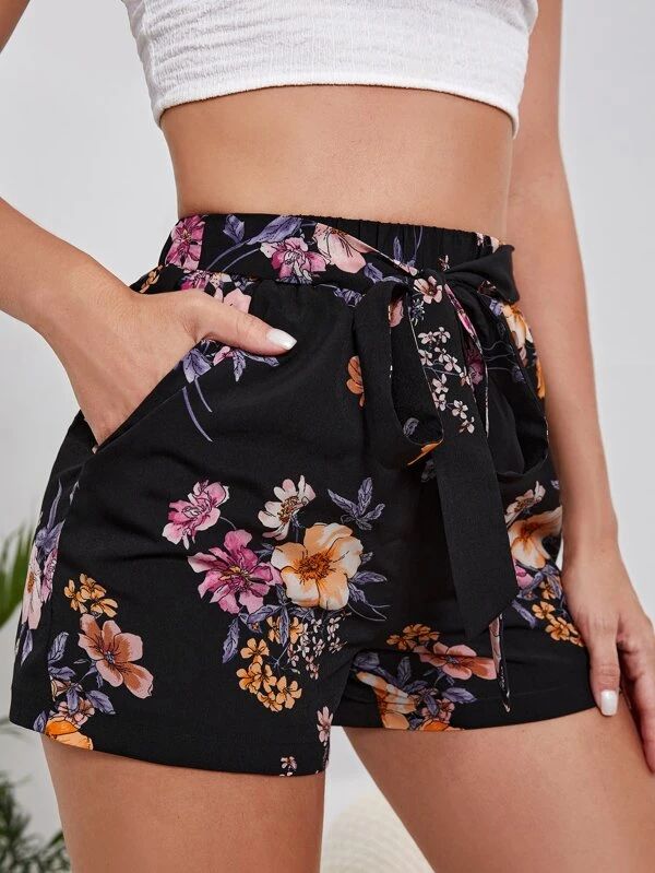 Floral Print Knot Front Shorts - leoleo123123