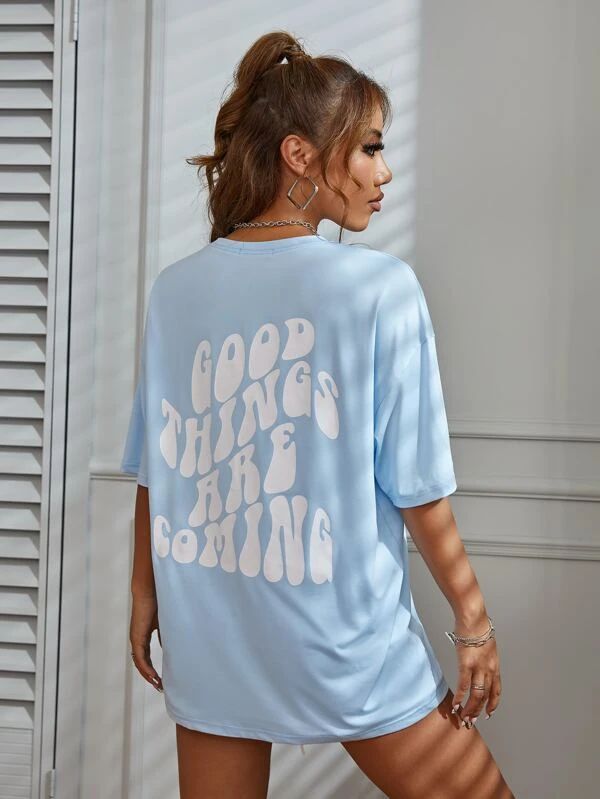 Slogan Graphic Drop Shoulder Tee - leoleo123123