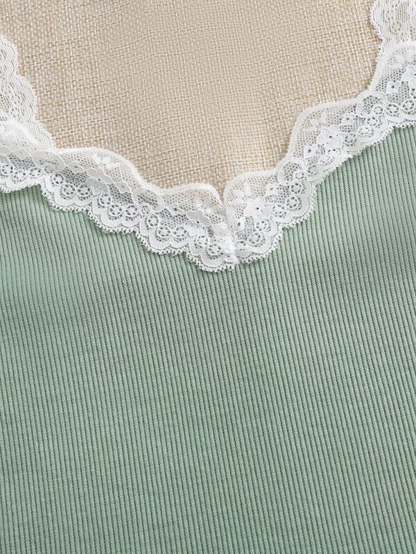 Contrast Lace Lettuce Trim Rib-knit Crop Cami Top - leoleo123123