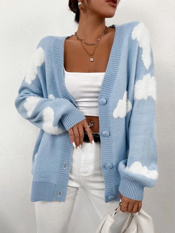 Drop Shoulder Cloud Pattern Cardigan - leoleo123123