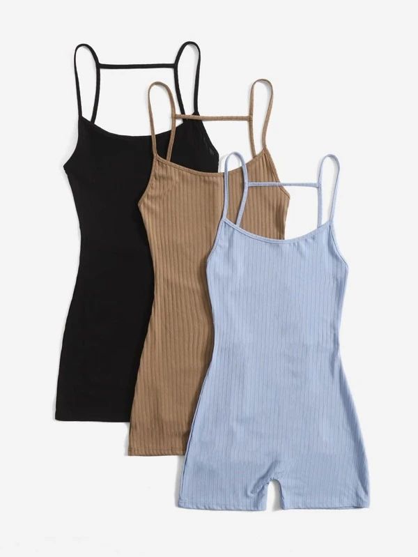 3pcs Solid Backless Cami Romper - leoleo123123