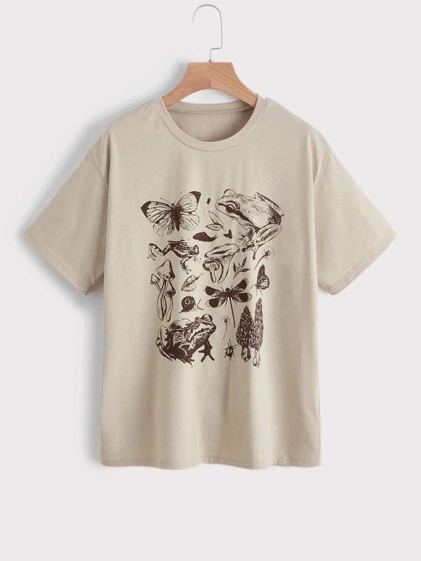 Mushroom And Butterfly Print Short Sleeve Tee - leoleo123123